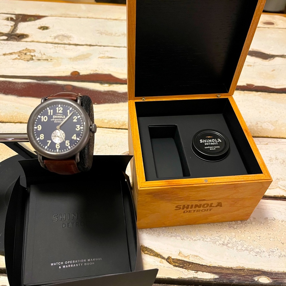 Shinola PLA Runwell Sub Second- 47mm- Matte Black / Blue- Cattail Leather Strap.